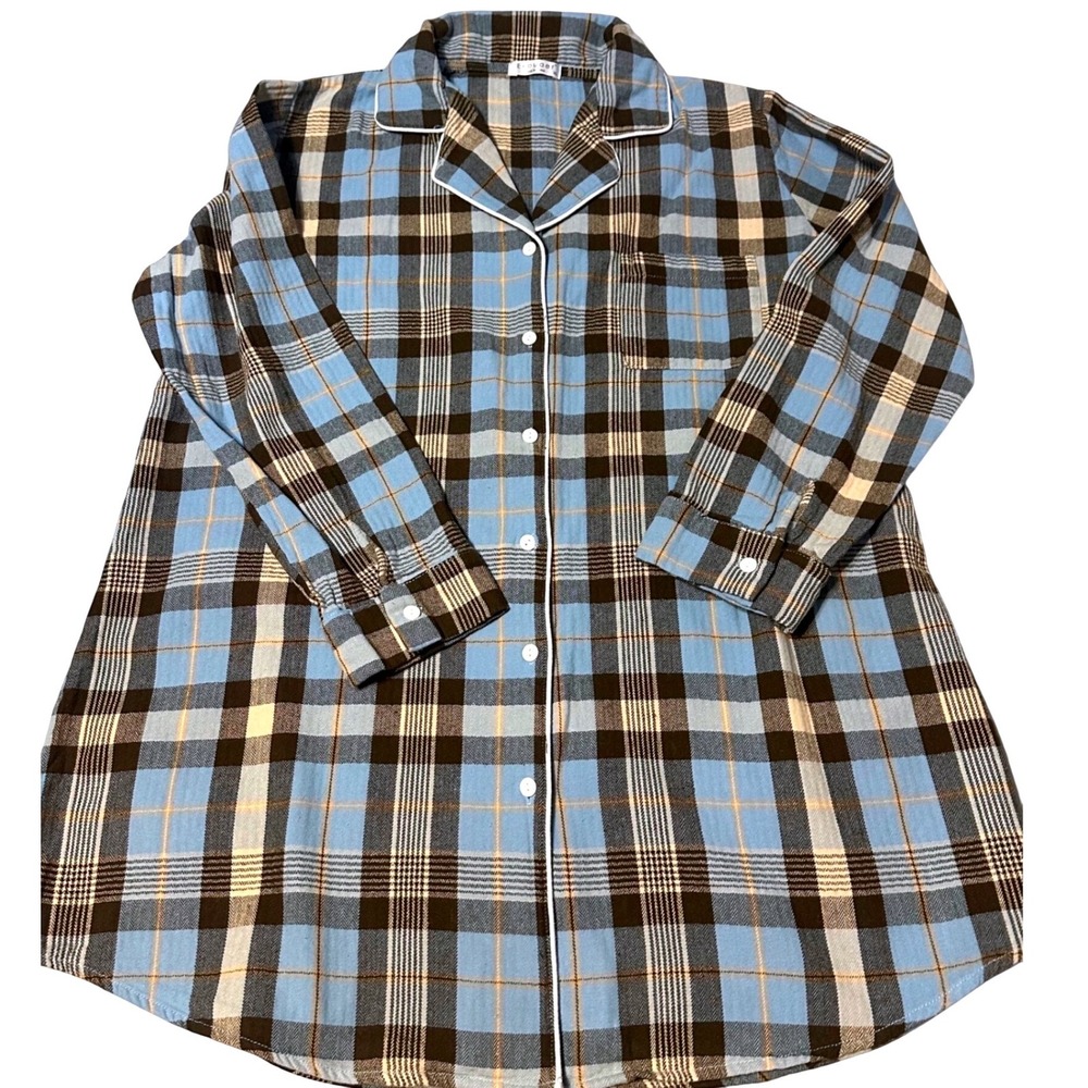 Ekouaer Plaid Sleep Shirt /Dress Blue Brown Button Down Nightgown XL